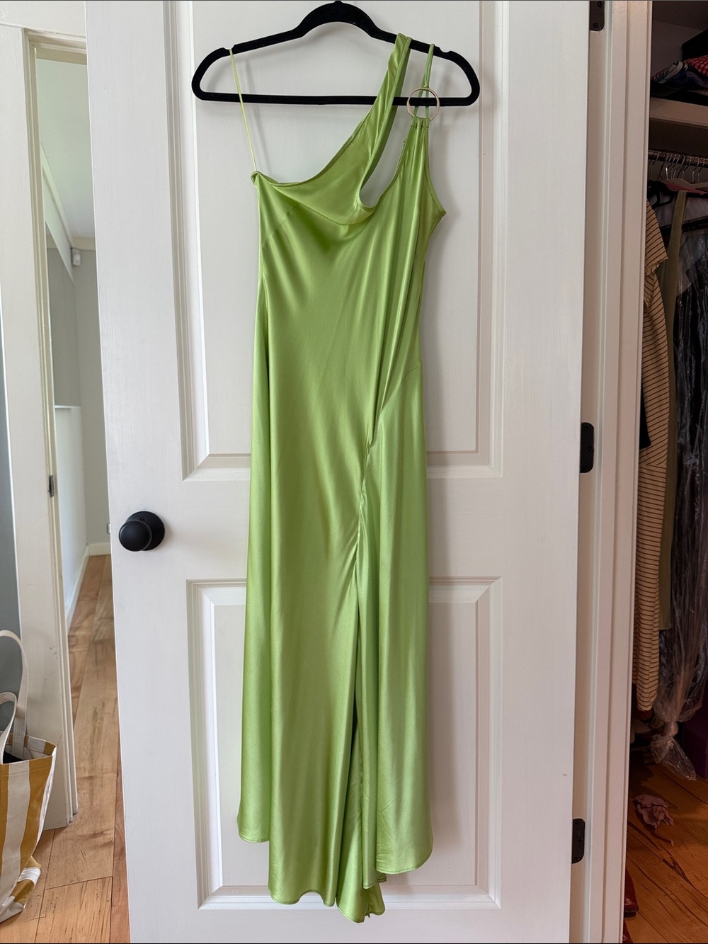 Asymmetric One-Shoulder Cult Gaia Silk Dress in Lime Green